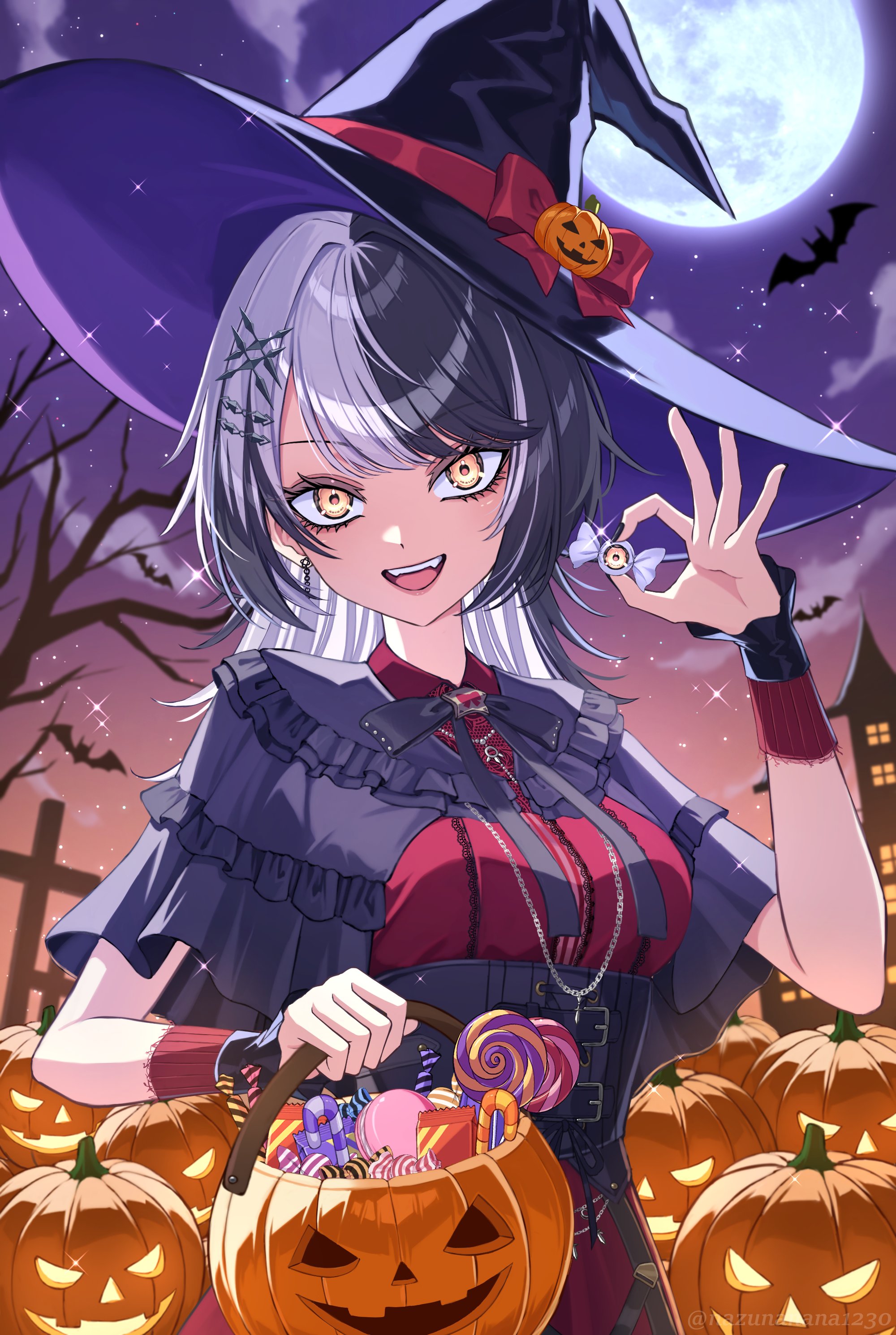 shiori novella, shiori novella (casual), hololive, hololive english, absurdres, commentary, english commentary, highres, 1girl, bare tree, bat (animal), black bow, black bowtie, black capelet, black corset, black hair, black hat, black nails, bow, bowtie, breasts, candy, candy cane, candy wrapper, capelet, corset, cross, dress, earrings, fingernails, food, frilled capelet, frills, full moon, grey hair, halloween, halloween bucket, hat, holding, holding candy, holding food, jack-o'-lantern, jewelry, large breasts, lollipop, long fingernails, looking at viewer, macaron, moon, multicolored hair, nail polish, nazunanana1230, necklace, official alternate costume, open mouth, red dress, smile, solo, split-color hair, star (sky), swept bangs, swirl lollipop, tree, twitter username, two-tone hair, upper body, virtual youtuber, witch hat, wrapped candy, yellow eyes
