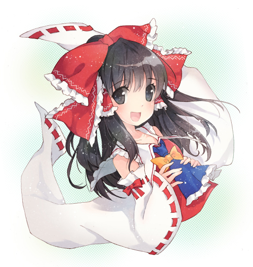 mottsun, hakurei reimu, subterranean animism, touhou, bad id, bad pixiv id, 1girl, black hair, bow, detached sleeves, female focus, gradient background, grey eyes, hair bow, japanese clothes, miko, solo, white background