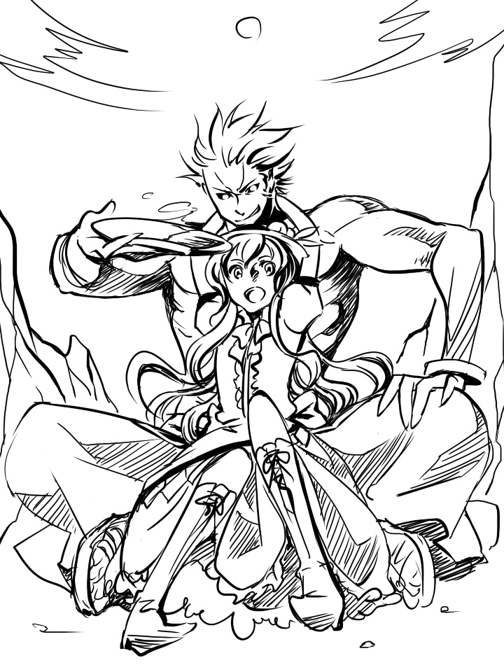 esaka, hinanawi tenshi, mukai (king of fighters), mukai (kof), m.u.g.e.n, snk, the king of fighters, touhou, bad id, bad pixiv id, 1boy, 1girl, crossover, greyscale, hetero, hug, monochrome