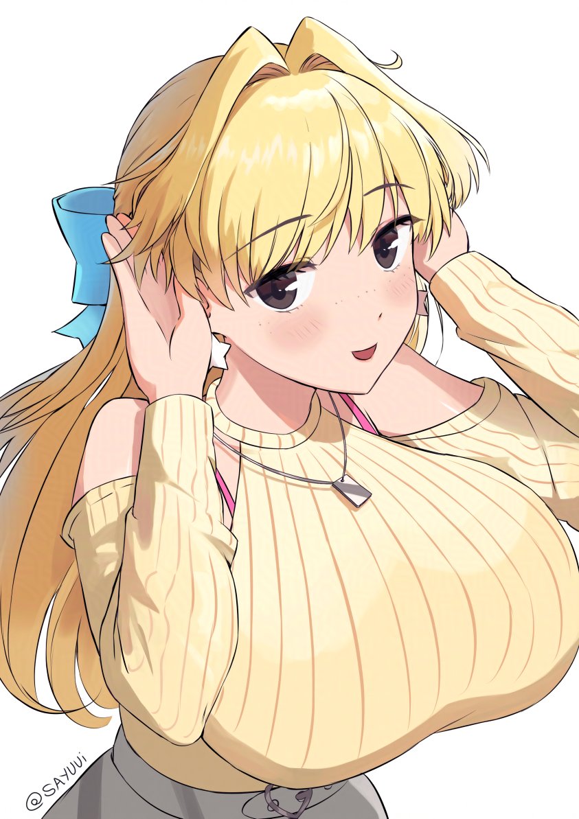 sayuui, catherine (conto), original, commentary, 1girl, :d, bare shoulders, black eyes, blonde hair, blue bow, blush, bow, bra strap, breasts, clothing cutout, earrings, grey skirt, hair bow, hair intakes, halterneck, hands up, huge breasts, jewelry, long hair, long sleeves, looking at viewer, open mouth, pendant, ribbed sweater, shoulder cutout, simple background, skirt, smile, solo, star (symbol), star earrings, sweater, twitter username, upper body, white background, yellow sweater