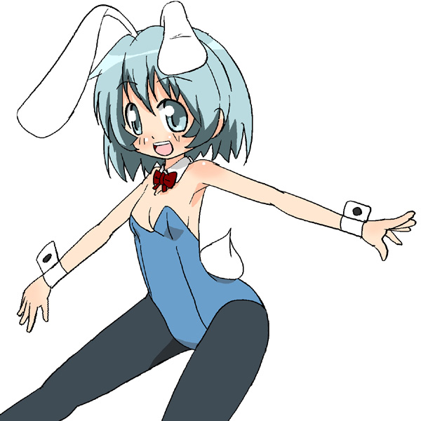 nemuro nao, original, animal ears, blue eyes, blue hair, fake animal ears, flat chest, pantyhose, playboy bunny, rabbit ears, short hair, solo
