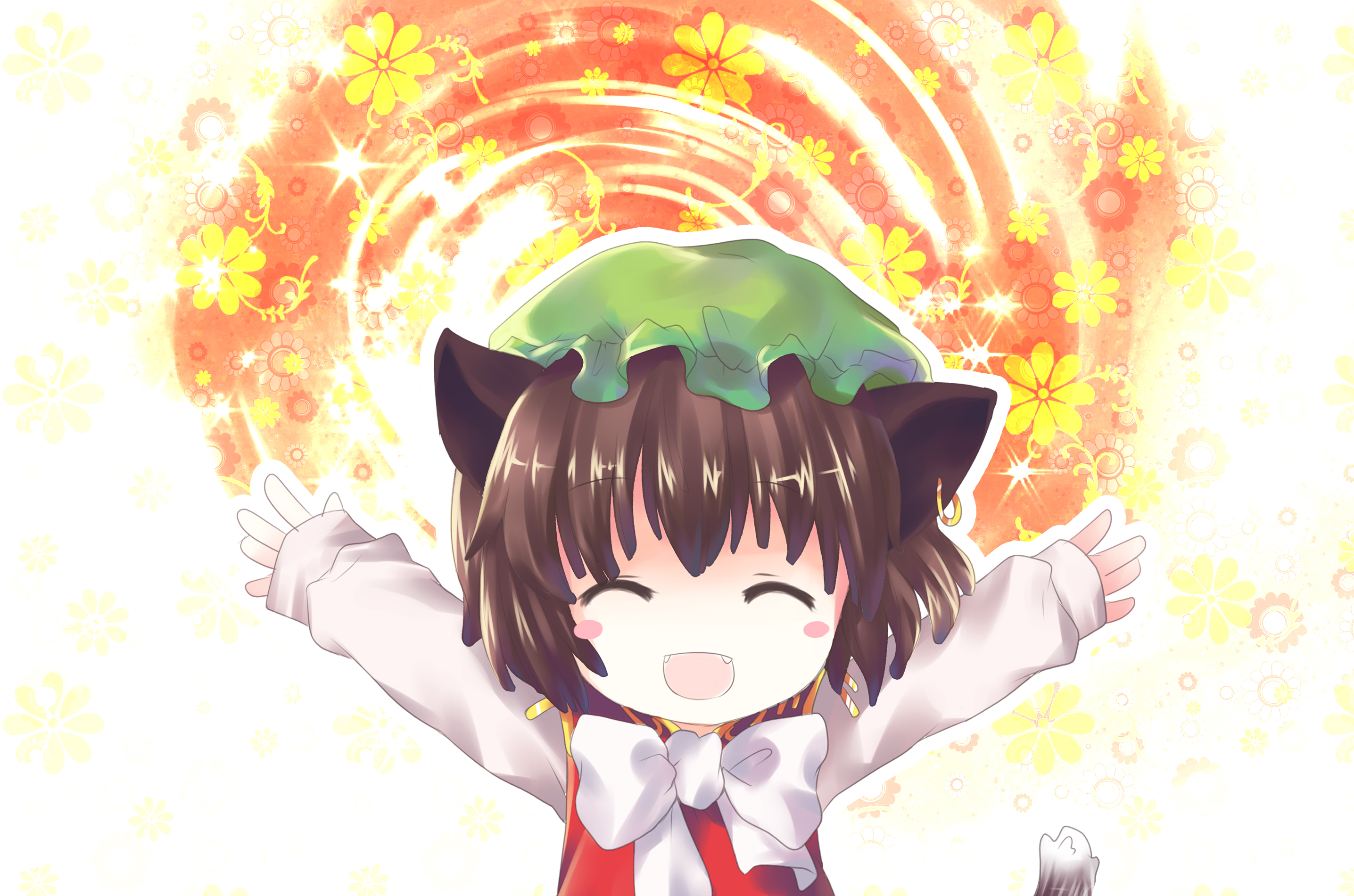 silverms2, chen, touhou, bad id, bad pixiv id, highres, 1girl, o/, animal ears, arms up, brown hair, cat ears, cat girl, cat tail, earrings, fangs, female focus, flower, gradient background, happy, hat, jewelry, outstretched arms, plant, short hair, solo, tail, upper body, white background