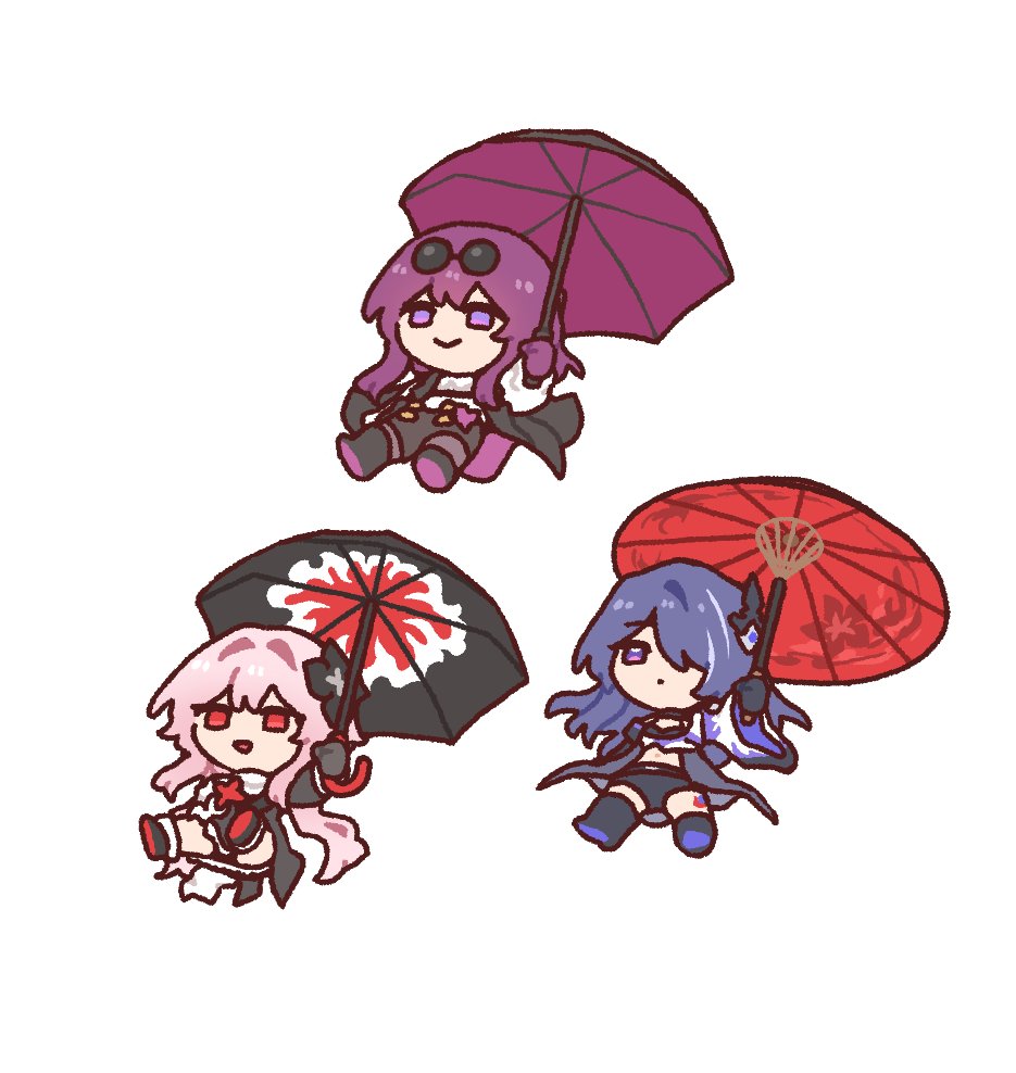 dorkdragoon, acheron (honkai: star rail), evernight (honkai: star rail), kafka (honkai: star rail), march 7th (honkai: star rail), honkai: star rail, honkai (series), bad id, bad twitter id, 3girls, black dress, black flower, black gloves, black jacket, black shorts, black umbrella, chibi, chibi only, closed mouth, dress, eyewear on head, flower, glasses, gloves, hair flower, hair ornament, hair over one eye, holding, holding umbrella, jacket, leg tattoo, long hair, midriff, multicolored hair, multiple girls, oil-paper umbrella, pince-nez, pink hair, purple eyes, purple gloves, purple hair, purple umbrella, red eyes, red umbrella, round eyewear, shirt, shorts, simple background, smile, streaked hair, sunglasses, tattoo, umbrella, white background, white shirt