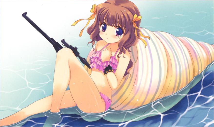 qp:flapper, sakura koharu, original, toz (tulsky oruzheiny zavod), tsniitochmash, tula arms plant, jpeg artifacts, non-web source, 1girl, bikini, brown hair, female focus, frilled bikini, frills, gun, integral suppressor, integrally-suppressed firearm, long hair, purple eyes, rifle, ruffle bikini, shell, sniper rifle, solo, submerged, suppressor, swimsuit, tears, vss vintorez, weapon