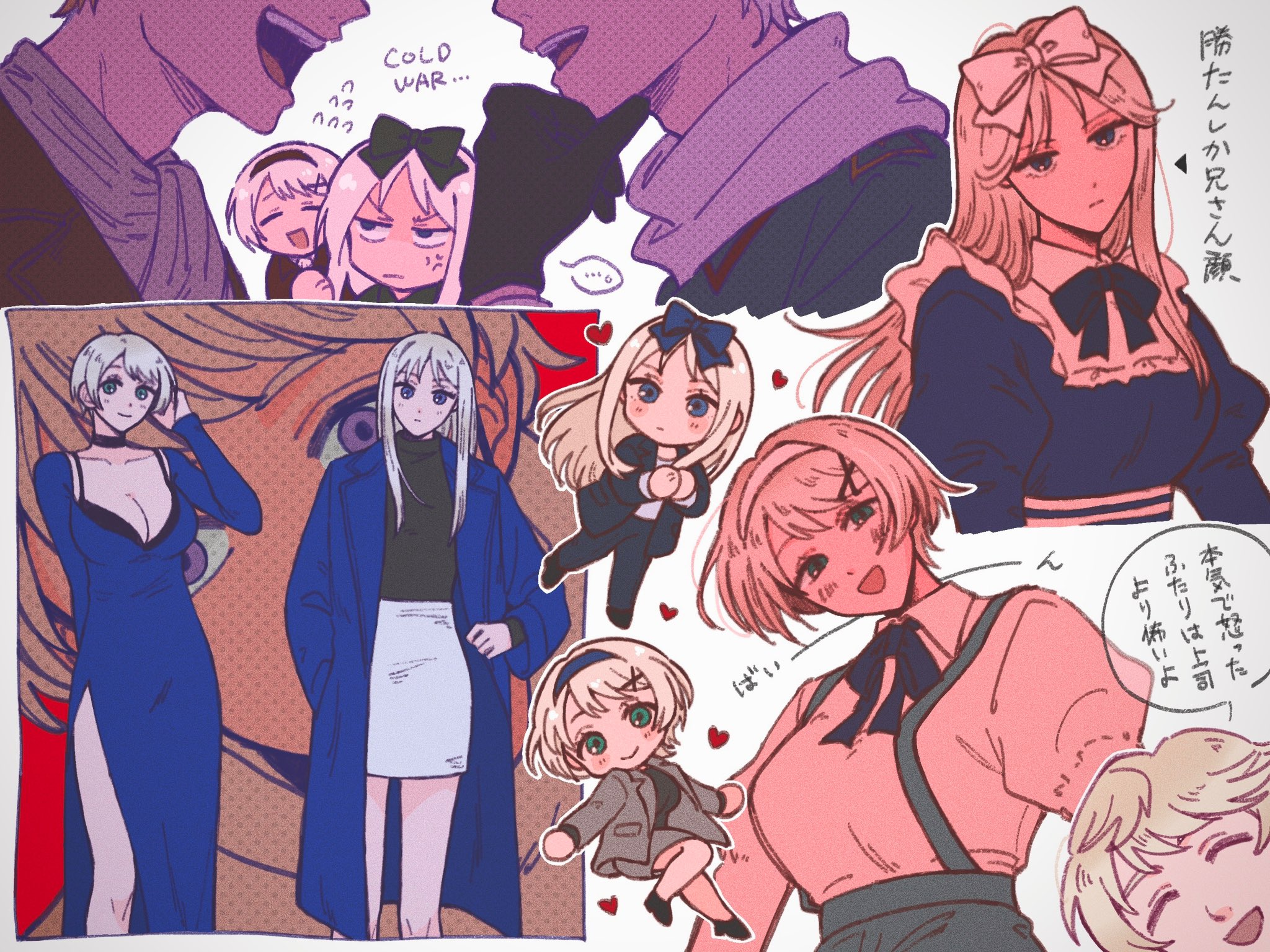 nazuna krmt s, america (hetalia), belarus (hetalia), russia (hetalia), ukraine (hetalia), axis powers hetalia, highres, translation request, 2boys, 2girls, anger vein, ascot, black choker, black gloves, black hairband, black jacket, black pants, black shirt, black shoes, blonde hair, blue bow, blue bowtie, blue coat, blue dress, blue eyes, blue hairband, blue pants, blush, bow, bowtie, breasts, brother and sister, brown jacket, chibi, chibi inset, choker, cleavage, clenched hand, closed eyes, closed mouth, coat, collarbone, collared dress, collared shirt, dress, english text, flying sweatdrops, full body, gloves, green bow, green eyes, green jacket, grey jacket, grey skirt, hair between eyes, hair bow, hair ornament, hairband, half-closed eyes, hand on own chin, heart, jacket, juliet sleeves, lapels, large breasts, long hair, long sleeves, looking at viewer, military jacket, military uniform, multiple boys, multiple girls, multiple views, open clothes, open coat, open jacket, open mouth, pants, puffy sleeves, purple eyes, scarf, shirt, shoes, short hair, siblings, sidelocks, simple background, sisters, skirt, smile, speech bubble, suspenders, t-shirt, talking, teeth, upper body, v-shaped eyebrows, white ascot, white background, white bow, white scarf, white shirt, white skirt, wide sleeves, x hair ornament