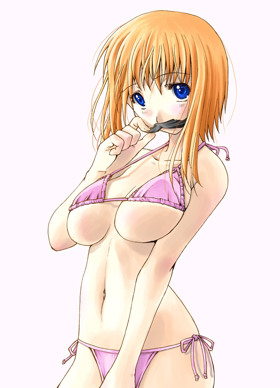 edoya minoru, original, bad id, bad pixiv id, 1girl, bikini, blue eyes, breasts, facial hair, female focus, large breasts, mustache, orange hair, pink bikini, short hair, solo, swimsuit, underboob
