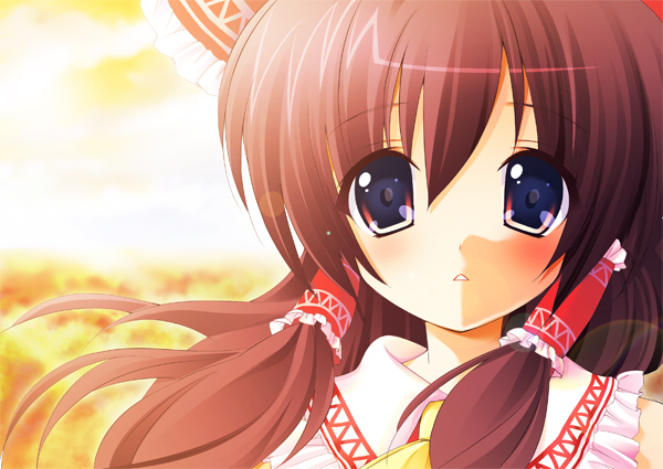 kino konomi, konomi (kino konomi), hakurei reimu, team shanghai alice, touhou, bad id, bad pixiv id, 1girl, blue eyes, brown hair, female focus, looking at viewer, solo
