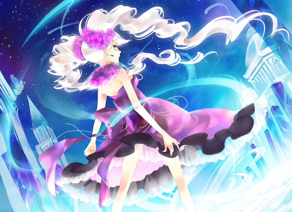 tachibana yukiji, original, arms at sides, dress, jewelry, legs apart, long hair, looking back, necklace, outdoors, see-through clothes, sky, solo, sparkle, standing, star (sky), star (symbol), starry sky, twintails, very long hair, white hair