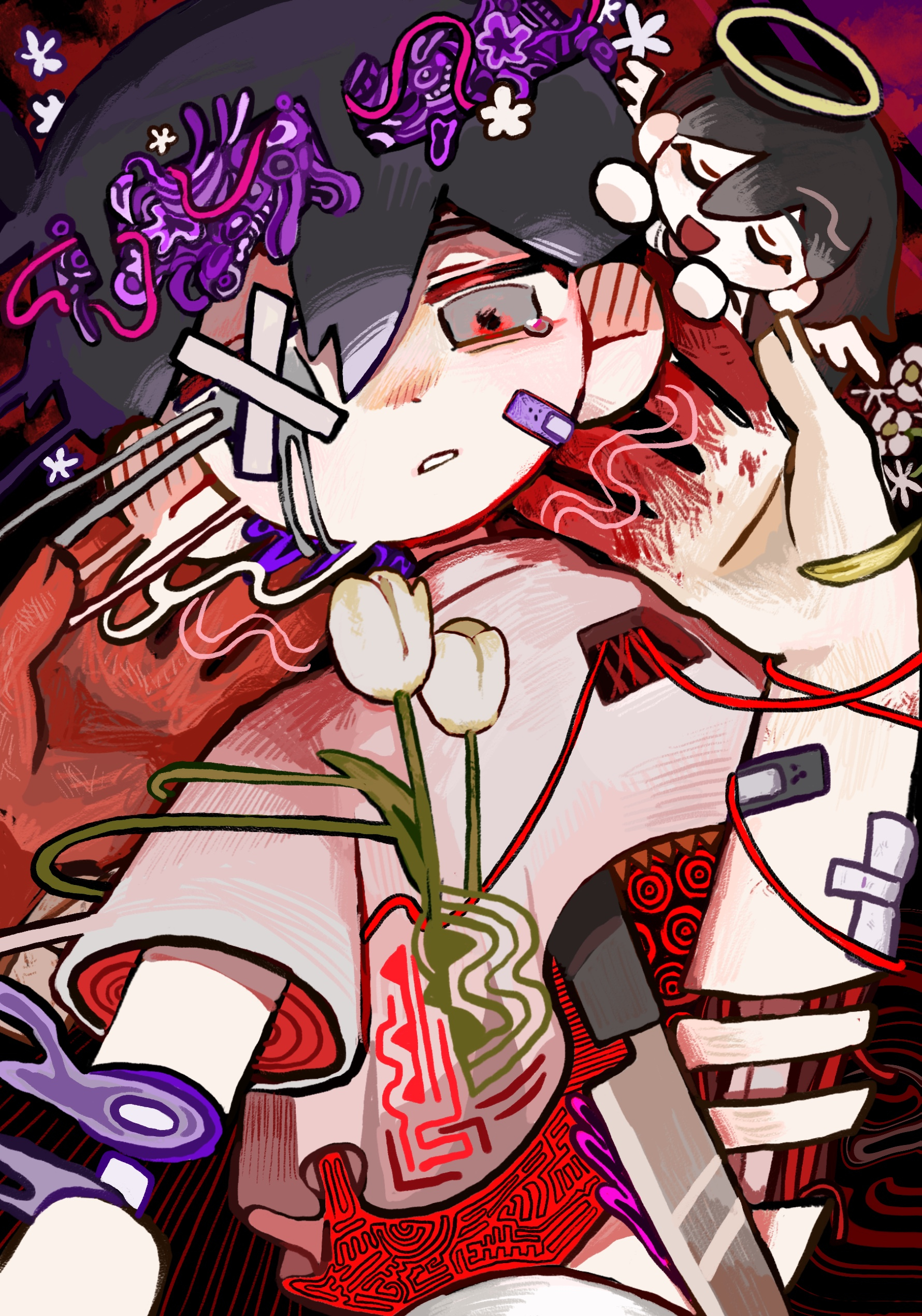 uminosoko44, mari (faraway) (omori), mari (omori), sunny (omori), omori, absurdres, highres, spoilers, 1boy, 1girl, angel, angel wings, bandaid, bandaid on arm, bandaid on face, black hair, blood, brother and sister, chibi, eyepatch, grey eyes, hair behind ear, halo, knife, long hair, male focus, open mouth, short hair, siblings, traditional halo, wings