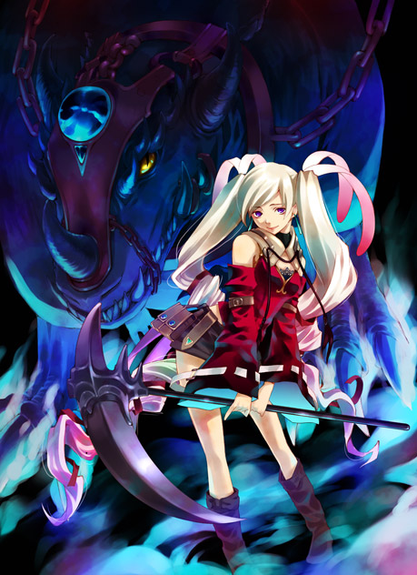 tachibana yukiji, original, detached sleeves, dragon, long hair, scythe, solo, twintails