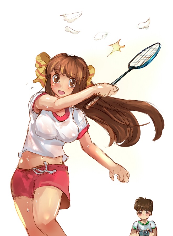 suoni (deeperocean), original, 1boy, 1girl, armpit peek, badminton racket, brother and sister, brown eyes, brown hair, hair ribbon, long hair, racket, ribbon, shorts, siblings, sportswear, sweat, tennis, tennis racket