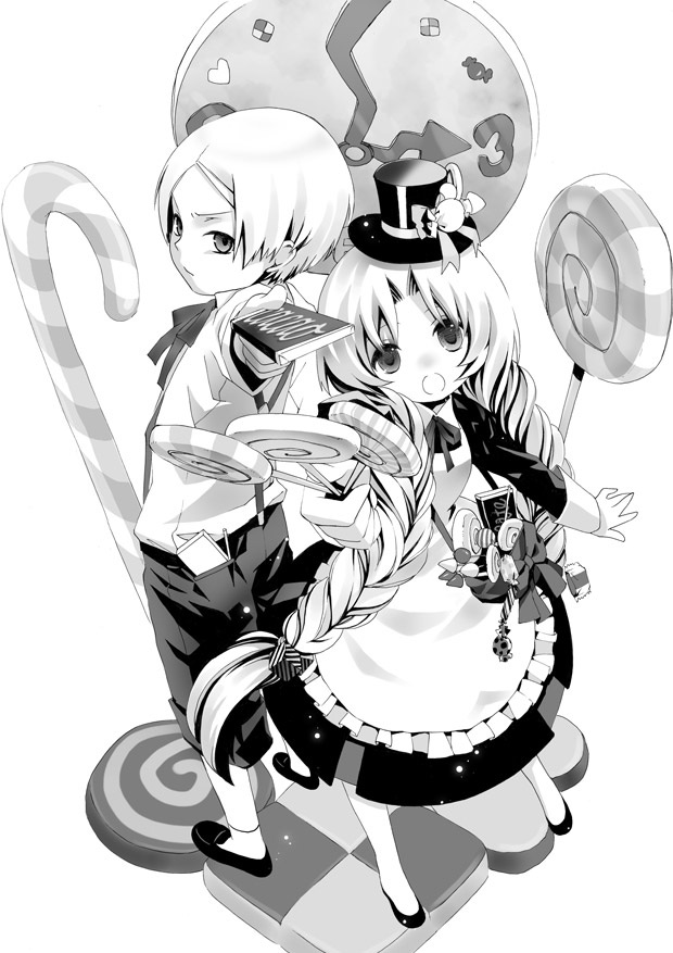 tachibana yukiji, original, braid, candy, cane, child, chocolate, food, greyscale, lollipop, long hair, monochrome, swirl lollipop, twin braids