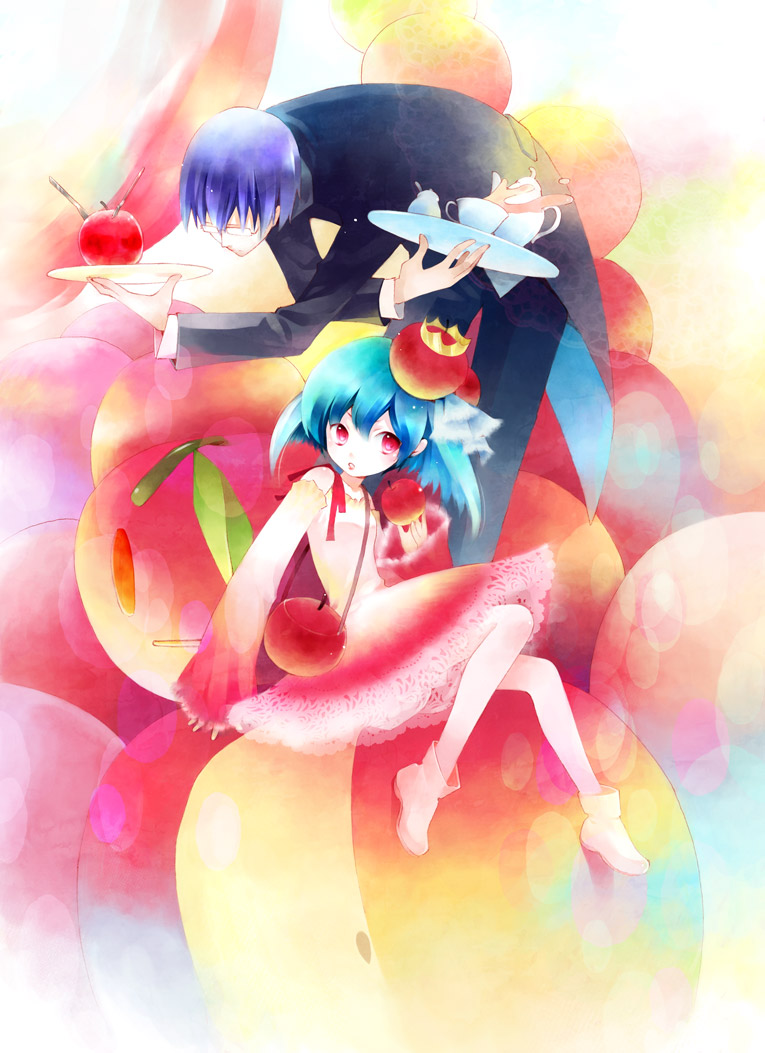 tachibana yukiji, original, bad id, bad pixiv id, apple, blue hair, butler, crown, dress, food, fruit, red eyes
