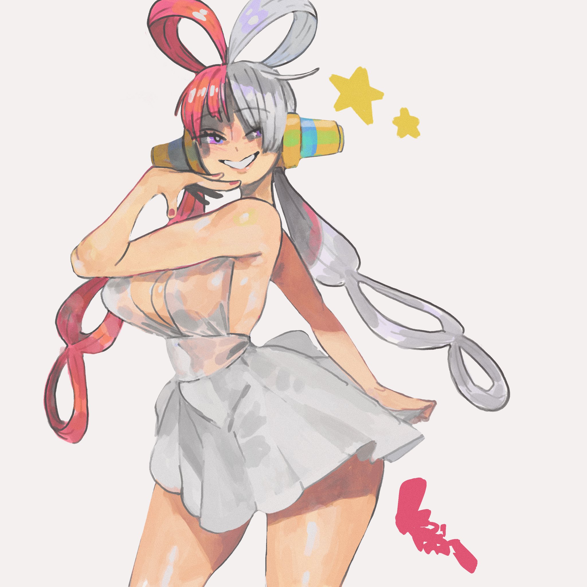 keziedra, uta (one piece), one piece, highres, 1girl, alternate costume, backless dress, backless outfit, bare shoulders, breasts, cleavage, cowboy shot, curvy, dress, fingernails, grin, hair over one eye, hair rings, half-closed eyes, hand to own mouth, hand up, headphones, large breasts, looking at viewer, multicolored hair, nail polish, purple eyes, red hair, red nails, short dress, simple background, sleeveless, sleeveless dress, smile, solo, split-color hair, star (symbol), two-tone hair, white background, white dress, white hair