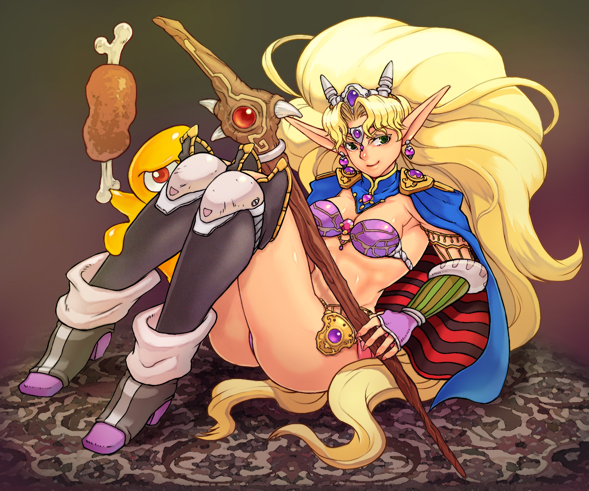 torashiro eiji, esper (saga 2), teacher (saga 2), saga, saga 2, saga frontier 2, 1girl, armor, bikini, bikini armor, blonde hair, boned meat, elf, female focus, food, gloves, green eyes, jewelry, long pointy ears, lots of jewelry, meat, pointy ears, purple bikini, solo, swimsuit