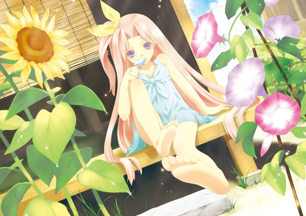 tachibana yukiji, original, bad id, bad pixiv id, 1girl, barefoot, feet, female focus, flower, food, foot focus, legs, long hair, morning glory, pink hair, popsicle, purple eyes, soles, solo, sunflower