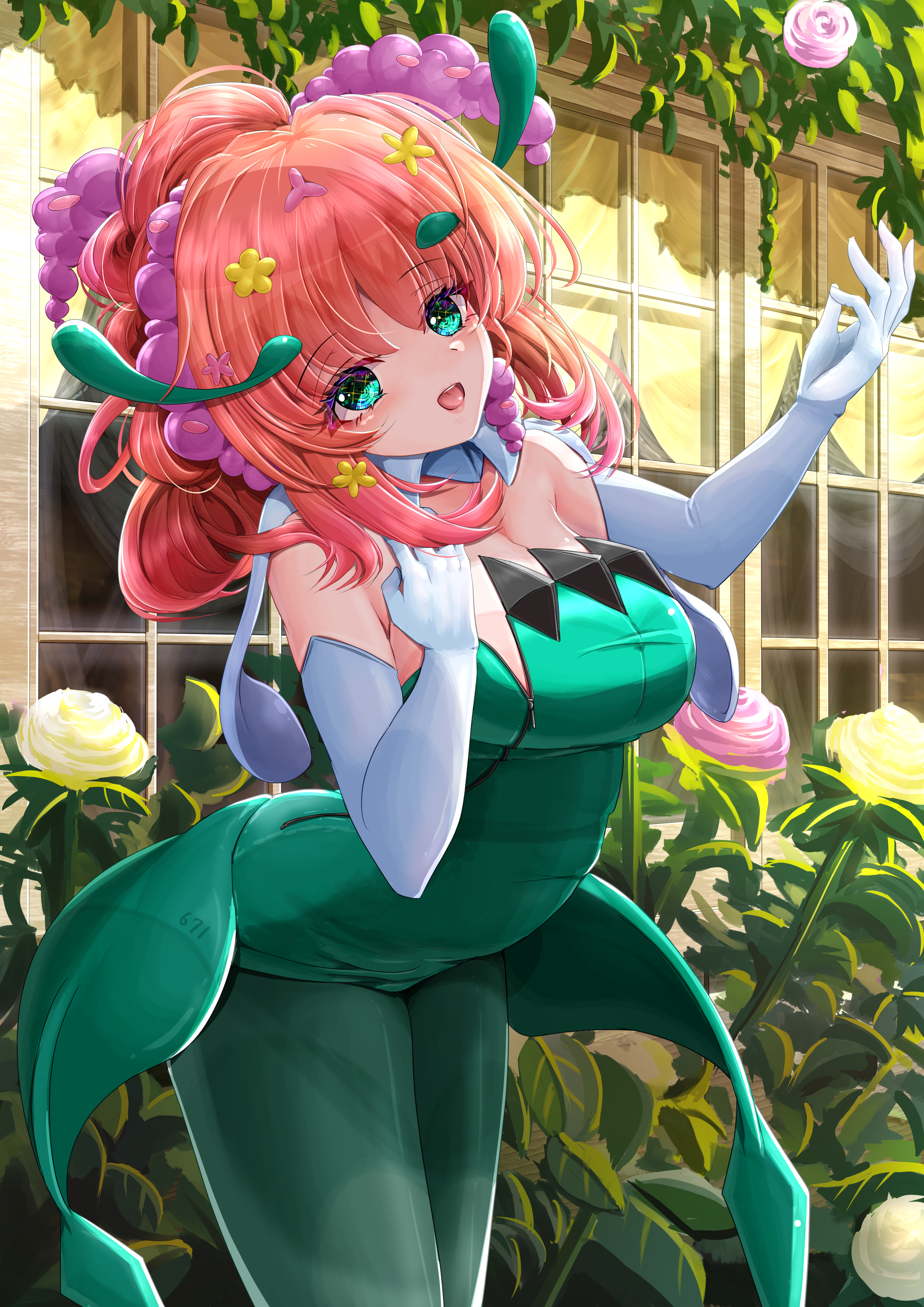 yellow-star-light, florges, nintendo, pokemon, absurdres, highres, 1girl, :o, antennae, aqua eyes, bare shoulders, breasts, day, dress, elbow gloves, flower, gen 6 pokemon, gloves, green dress, green pantyhose, hair flower, hair ornament, hand up, head tilt, leaning forward, long hair, medium breasts, outdoors, pantyhose, personification, pokedex number, red hair, solo, white gloves, window, zipper