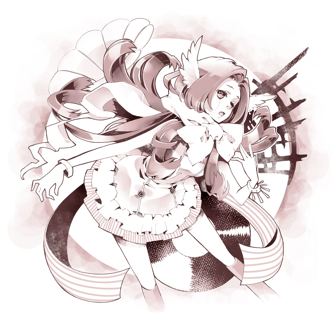 tachibana yukiji, original, 1girl, dress, female focus, head wings, long hair, monochrome, pink theme, scarf, solo, wings