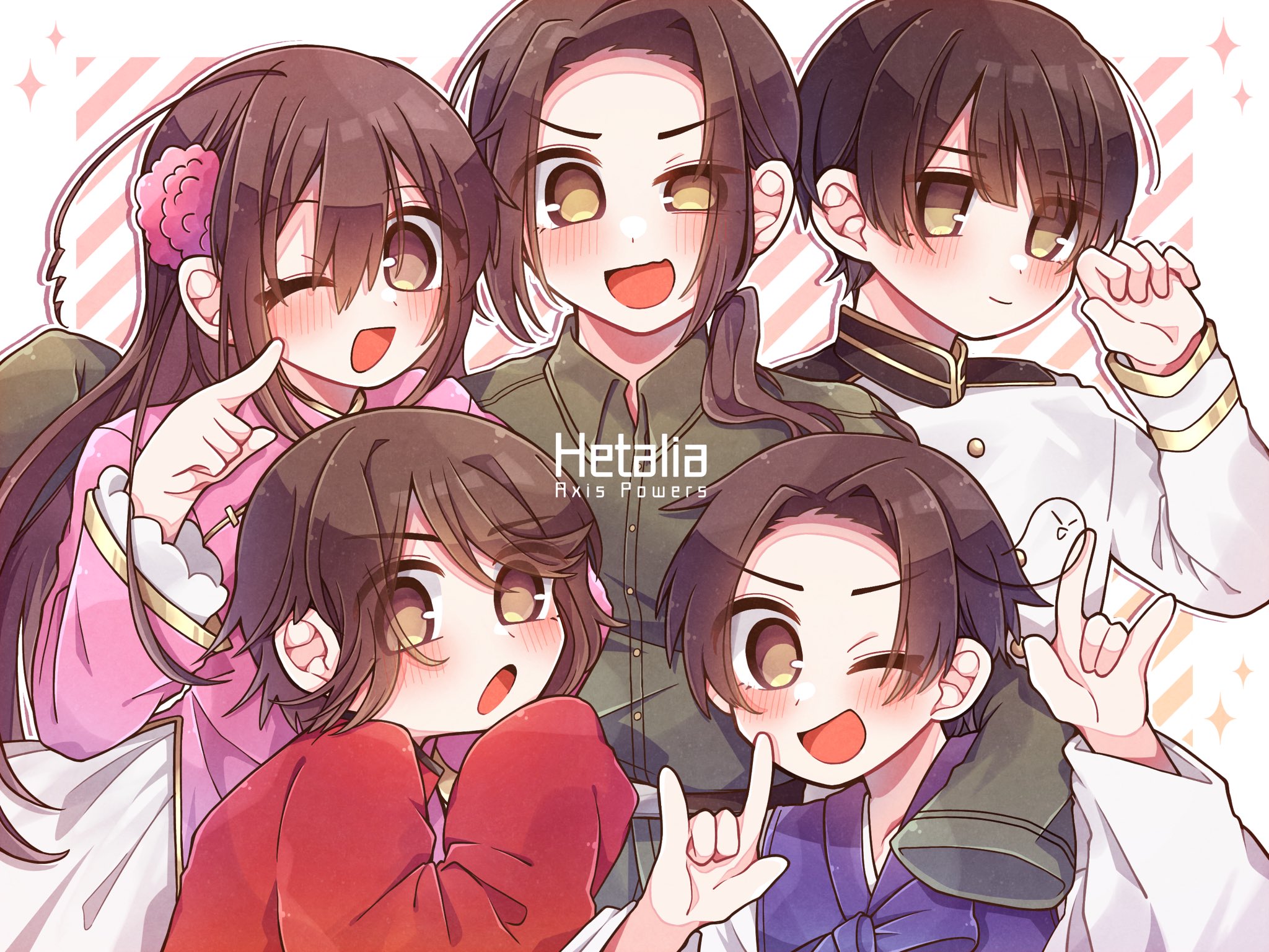 china (hetalia), hong kong (hetalia), japan (hetalia), korea (hetalia), taiwan (hetalia), axis powers hetalia, highres, 1girl, 4boys, ahoge, blue bow, blue vest, blush, border, bow, brown eyes, brown hair, buttons, chinese clothes, closed mouth, collared jacket, copyright name, flower, frills, green jacket, hair flower, hair ornament, hanbok, hands up, index finger raised, jacket, korean clothes, long hair, long sleeves, looking at viewer, low ponytail, mgro vv, military jacket, military uniform, multiple boys, one eye closed, open mouth, outside border, pink flower, pink shirt, ponytail, red shirt, shirt, short hair, sidelocks, skirt, smile, sparkle, striped background, vest, white background, white border, white hanbok, white jacket, white skirt, wide sleeves, yellow eyes