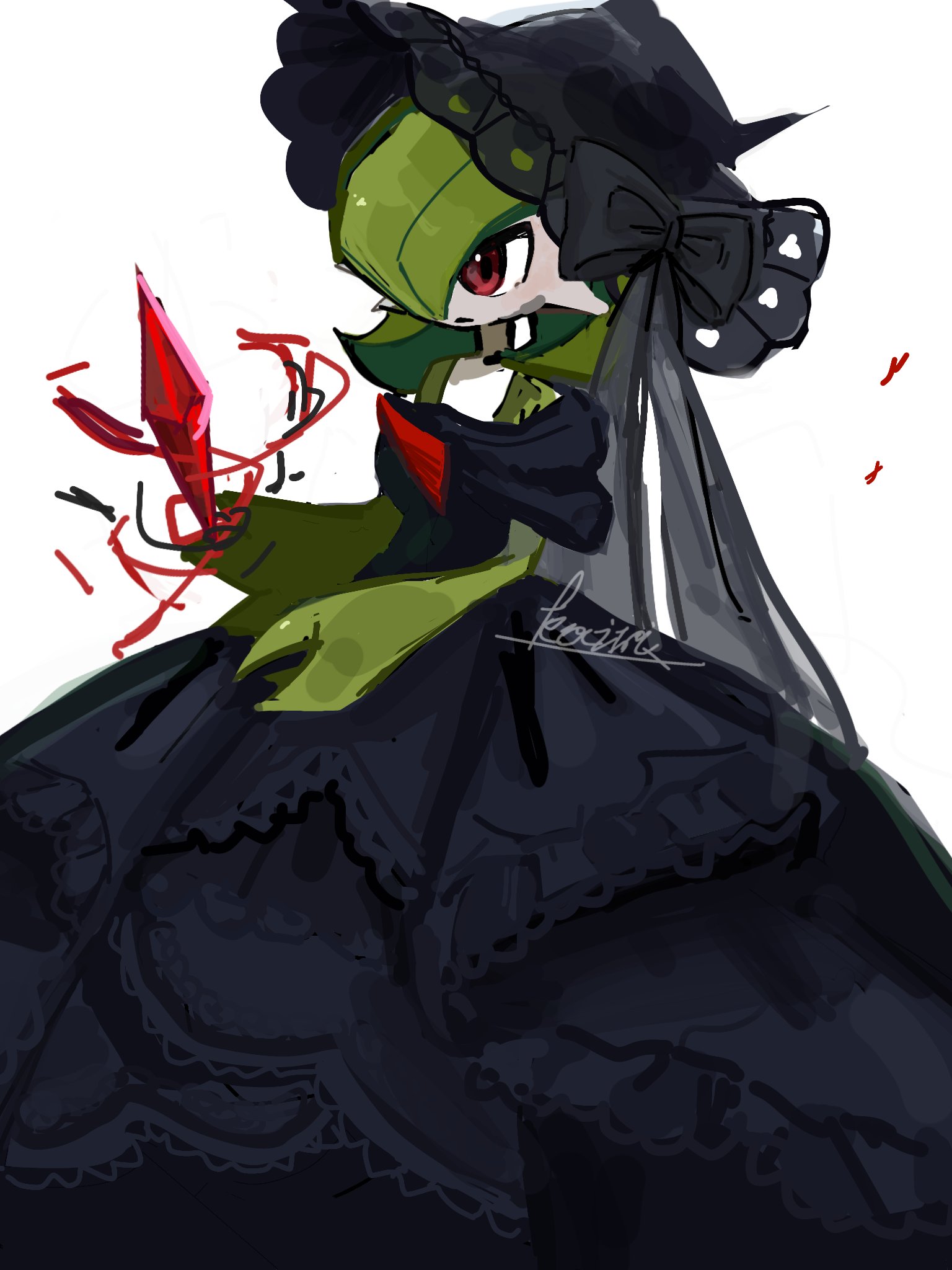 gardevoir, nintendo, pokemon, highres, 1girl, black bow, black dress, black hat, bob cut, bow, clothed pokemon, colored skin, dress, frilled dress, frilled hat, frills, gem, gen 3 pokemon, green hair, green skin, hair over one eye, hat, hat bow, kairi 151, looking at object, multicolored skin, off shoulder, pokemon (creature), red eyes, red gemstone, short hair, simple background, solo, two-tone skin, upper body, white background, white skin, witch hat