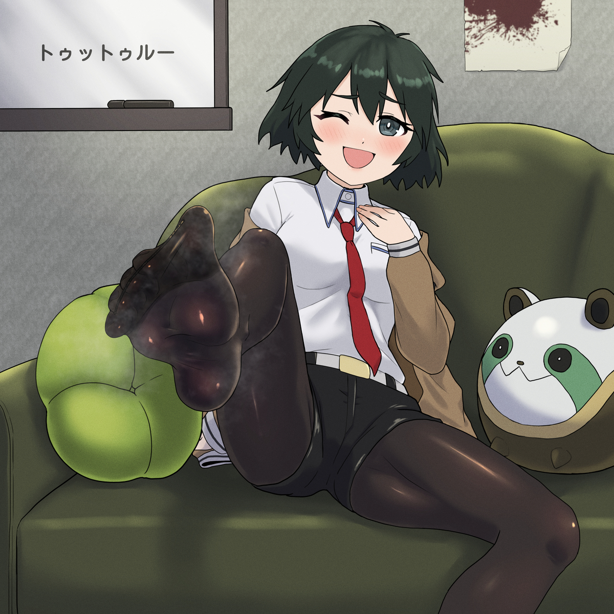 urin (littleurin), makise kurisu, shiina mayuri, science adventure, steins;gate, highres, black hair, black pantyhose, black shorts, blush, bow, bowtie, cosplay, feet, makise kurisu (cosplay), pantyhose, red bow, red bowtie, shorts, sitting, toes