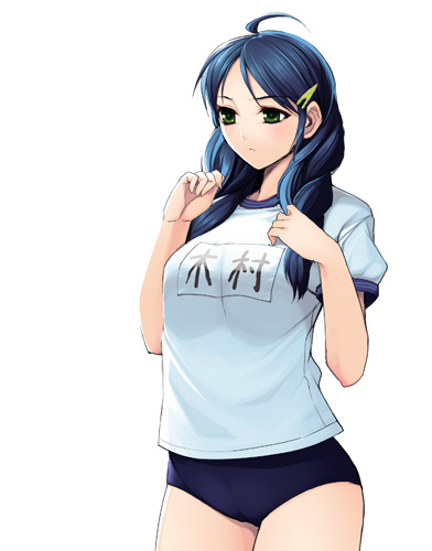 cruccu, lowres, 1girl, ahoge, blue hair, braid, buruma, female focus, green eyes, gym uniform, hair ornament, hairclip, long hair, simple background, solo, twin braids, underwear, white background