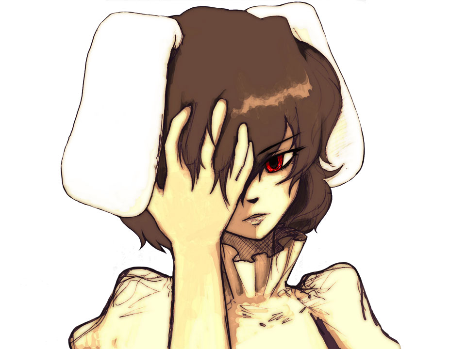shitsuchou, inaba tewi, code geass, touhou, 00s, 1girl, animal ears, female focus, hand over face, rabbit ears, red eyes, simple background, solo, tsurime, white background