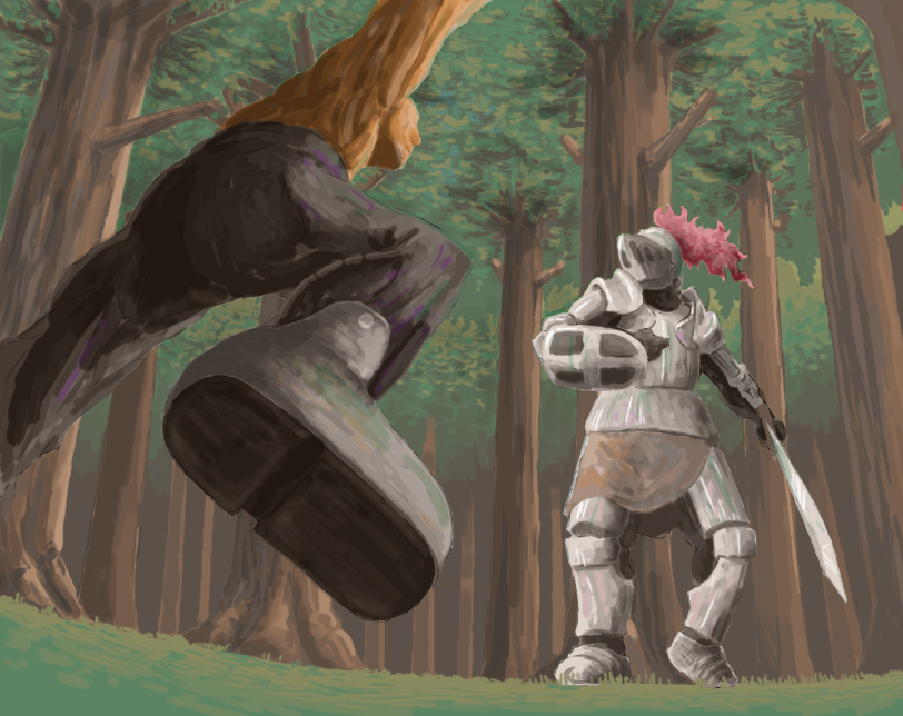 kaba (kaiten1214), kaba (pixiv), original, bad id, bad pixiv id, 2boys, armor, battle, boots, forest, helmet, knight, male focus, medieval, multiple boys, nature, shield, sword, tree, weapon