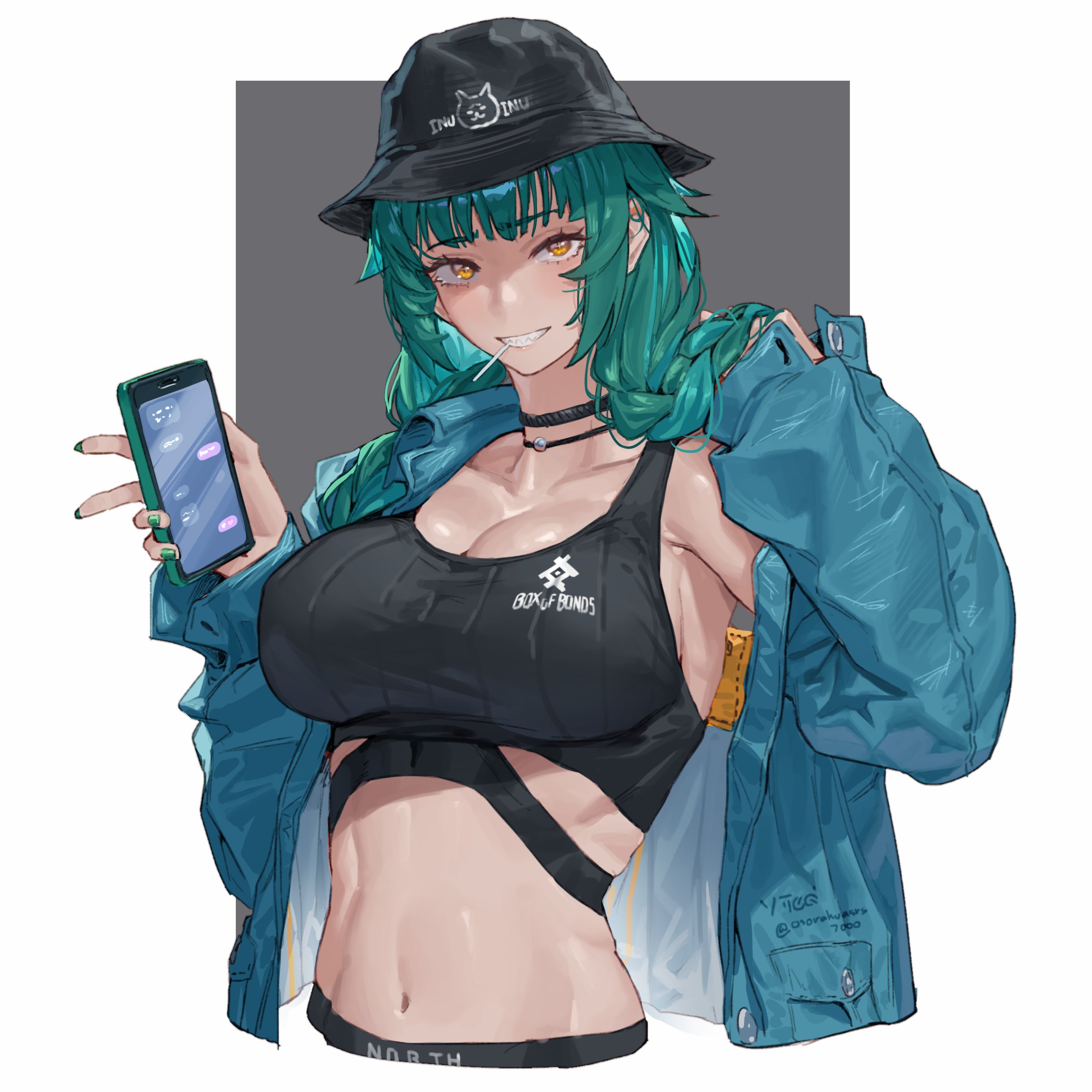 orewajedman, kitakoji hisui, nijisanji, absurdres, highres, 1girl, black choker, breasts, bucket hat, cellphone, choker, cleavage, green hair, green nails, hat, jacket, large breasts, long hair, looking at viewer, navel, open clothes, open jacket, phone, sharp teeth, smartphone, solo, sports bra, teeth, virtual youtuber, yellow eyes