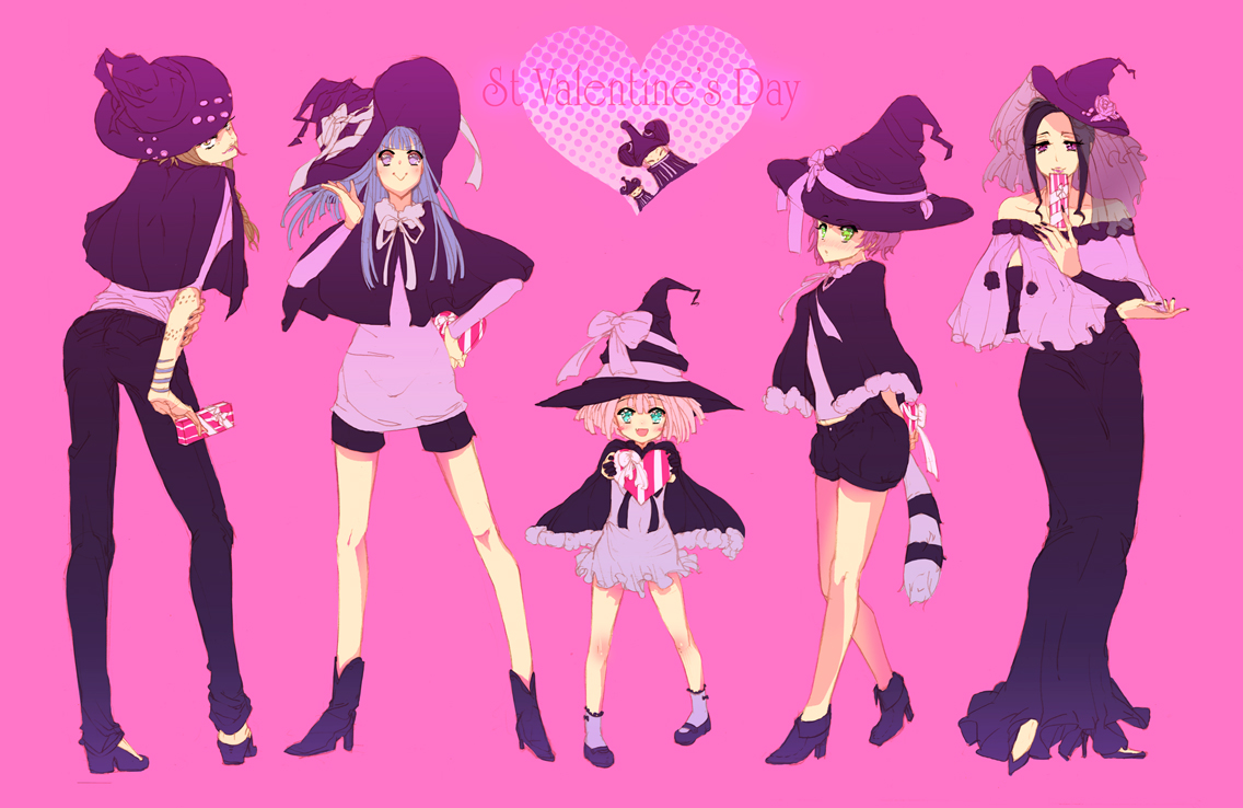 hagi (artist), angela leon, arachne (soul eater), eruka frog, kim diehl, medusa gorgon, mizune (soul eater), soul eater, silver hair, bad id, bad pixiv id, 00s, 6+girls, :d, age difference, animal hat, ankle boots, aqua eyes, arms behind back, ass, bare shoulders, black dress, black hair, black nails, blue hair, blunt bangs, blush, boots, bow, brown hair, capelet, child, dress, frills, from behind, gift, green eyes, halftone, hand on own hip, hat, hat bow, heart, high heel boots, high heels, holding, holding own arm, lineup, lipstick, long dress, long hair, long sleeves, looking at viewer, looking back, makeup, mary janes, midriff, multiple girls, nail polish, open mouth, outstretched arms, pants, pink background, pink eyes, pink hair, purple eyes, purple hair, ribbon, see-through clothes, shirt, shoes, short dress, short hair, short shorts, shorts, sidelocks, simple background, smile, snake hair, socks, standing, strapless, strapless dress, tail, take your pick, tattoo, tongue, tongue out, valentine, witch, witch hat