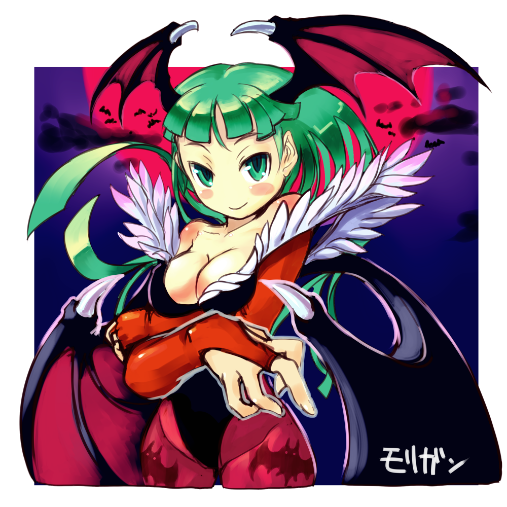 kansou samehada, morrigan aensland, capcom, darkstalkers, bad id, bad pixiv id, 1girl, animal print, bat print, female focus, green eyes, green hair, head wings, matching hair/eyes, pantyhose, print pantyhose, solo, wings