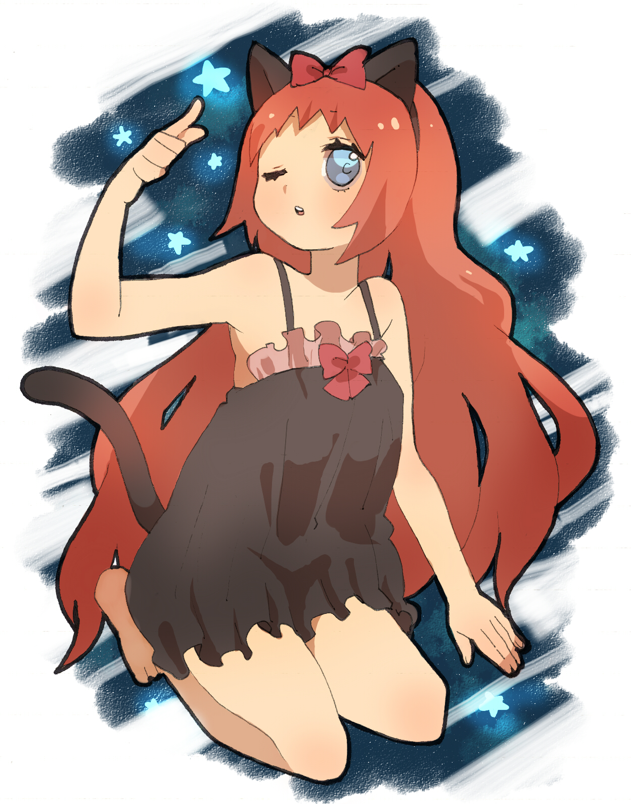 wamochi, original, bad id, bad pixiv id, highres, 1girl, :o, animal ears, barefoot, blue eyes, camisole, cat ears, cat tail, chemise, female focus, hair ribbon, kneeling, long hair, one eye closed, red hair, ribbon, solo, star (symbol), tail, wink