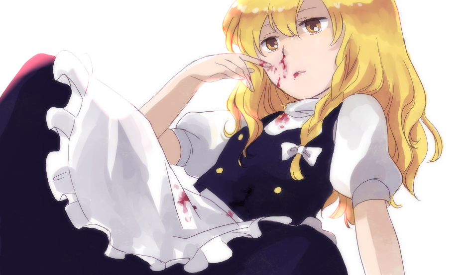 natsume (menthol), natsume (pixiv), kirisame marisa, touhou, 1girl, apron, black skirt, black vest, blonde hair, blood, blood on face, blood on hands, blood splatter, bow, braid, female focus, hair ribbon, injury, nosebleed, puffy short sleeves, puffy sleeves, ribbon, short sleeves, simple background, single braid, skirt, solo, tress ribbon, vest, waist apron, white background, white bow