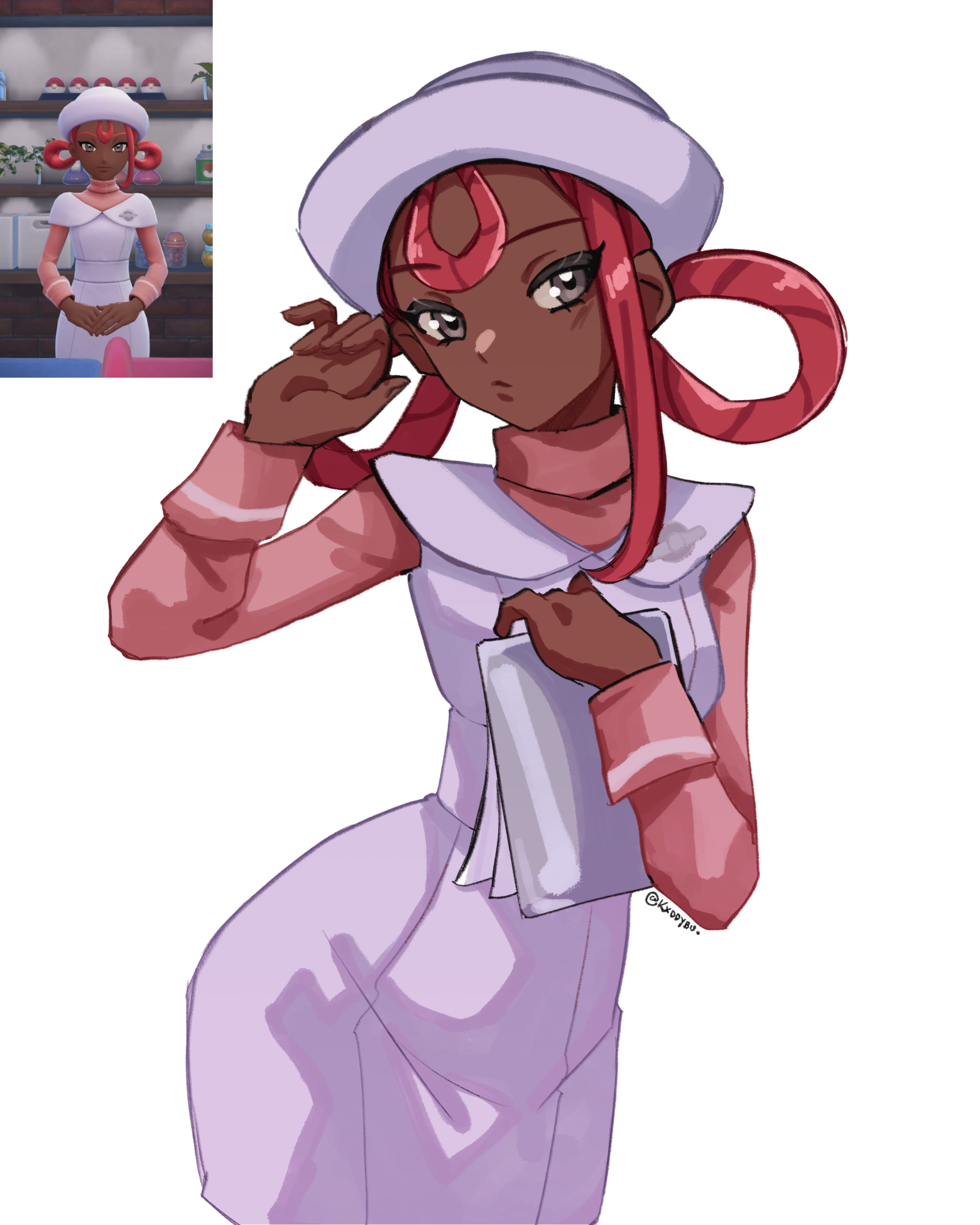 kxddybu, joy (pokemon), nintendo, pokemon, pokemon legends: z-a, commentary, english commentary, highres, 1girl, dark-skinned female, dark skin, dress, grey eyes, hair rings, hat, joy (pokemon legends: z-a), nurse cap, photo inset, pink hair, reference inset, simple background, solo, twitter username, very dark skin, white background