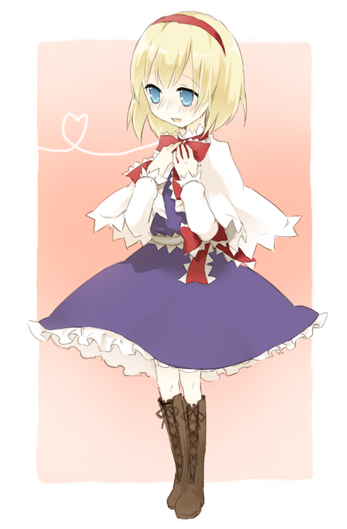 fujiyama, rin (artist), alice margatroid, touhou, 1girl, belt, blonde hair, blue eyes, blush, boots, brown boots, capelet, female focus, knee boots, necktie, red necktie, short hair, solo, thighhighs, zettai ryouiki