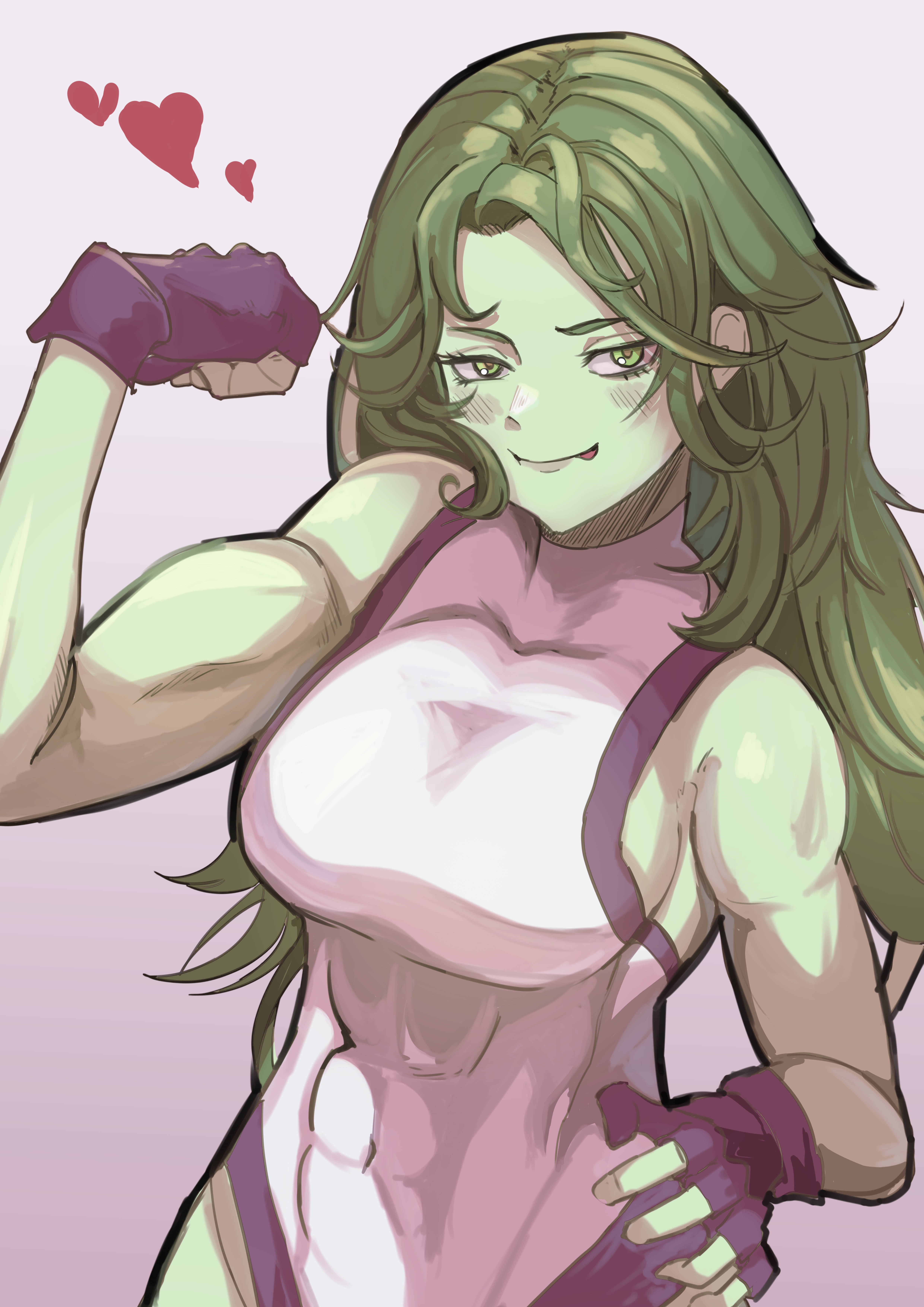 kemurigi ill, jennifer walters, she-hulk, marvel, absurdres, commentary, highres, 1girl, bare shoulders, blush, breasts, colored skin, covered abs, covered navel, fingerless gloves, gloves, green eyes, green hair, green skin, hand on own hip, heart, large breasts, leotard, long hair, looking at viewer, muscular, muscular female, purple gloves, solo, tongue, tongue out, white leotard