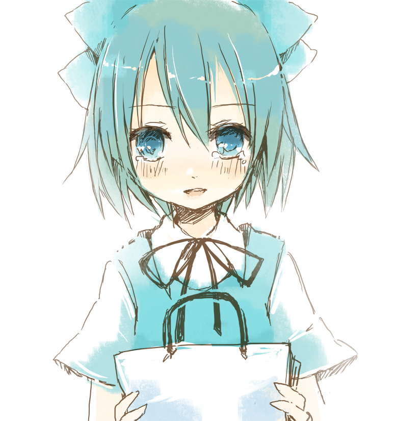fujiyama, rin (artist), cirno, touhou, 1girl, blue eyes, blue hair, bow, female focus, hair bow, hair ribbon, matching hair/eyes, ribbon, short hair, short sleeves, solo, tears