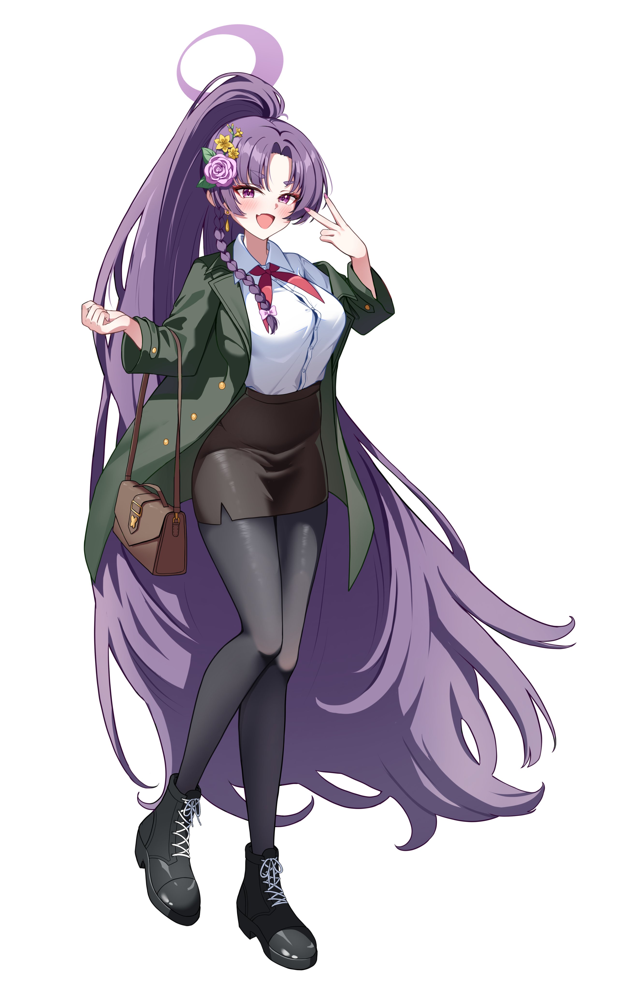 felice ykr, yukari (blue archive), absurdres, highres, 1girl, absurdly long hair, alternate costume, bag, blue eyes, boots, braid, breasts, brown bag, flower, hair flower, hair ornament, handbag, large breasts, long hair, looking at viewer, neck ribbon, open mouth, pantyhose, parted bangs, pencil skirt, purple eyes, purple hair, ribbon, simple background, single braid, skirt, smile, solo, v, very long hair, white background