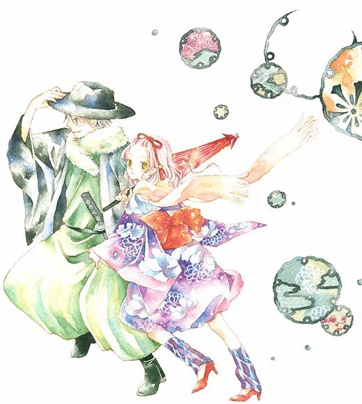 uko (artist), yufushi, painting (medium), traditional media, watercolor (medium), 1boy, 1girl, green eyes, japanese clothes, kimono, leg warmers, ribbon, umbrella