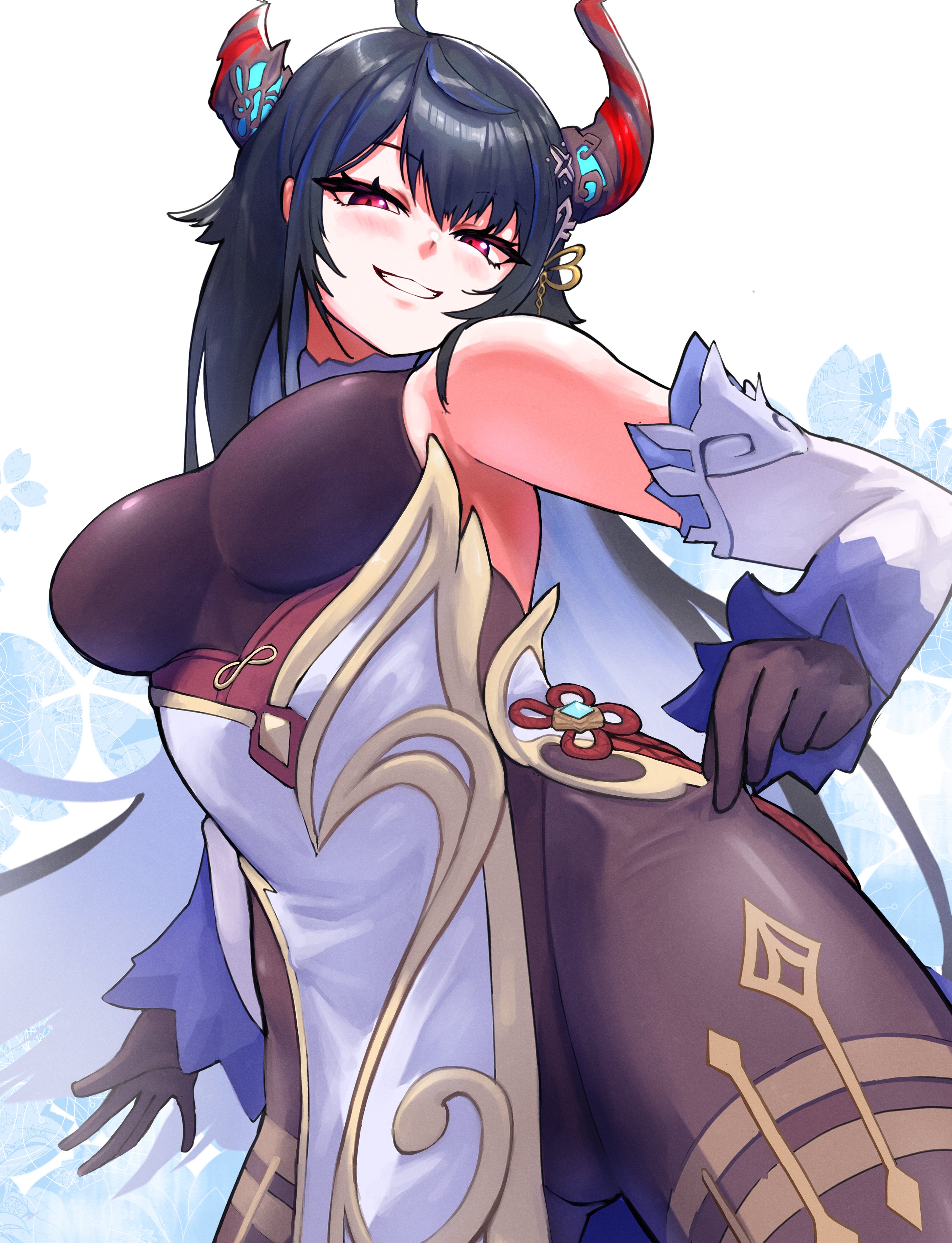 yodokogon, ganyu (genshin impact), nerissa ravencroft, genshin impact, hololive, hololive english, absurdres, highres, 1girl, ahoge, asymmetrical horns, bare shoulders, bell, black gloves, black hair, blue hair, blush, bodystocking, breasts, chinese knot, colored inner hair, cosplay, cowbell, crystal horns, demon horns, detached sleeves, flower, flower knot, ganyu (genshin impact) (cosplay), gloves, gold trim, hair between eyes, hair ornament, halterneck, horn flower, horns, jewelry, large breasts, leotard, leotard under clothes, long hair, long sleeves, looking at viewer, mole, mole under eye, multicolored hair, neck bell, pantyhose, qingxin flower, red eyes, sidelocks, simple background, smile, solo, thighlet, two-tone hair, uneven horns, very long hair, virtual youtuber, white background