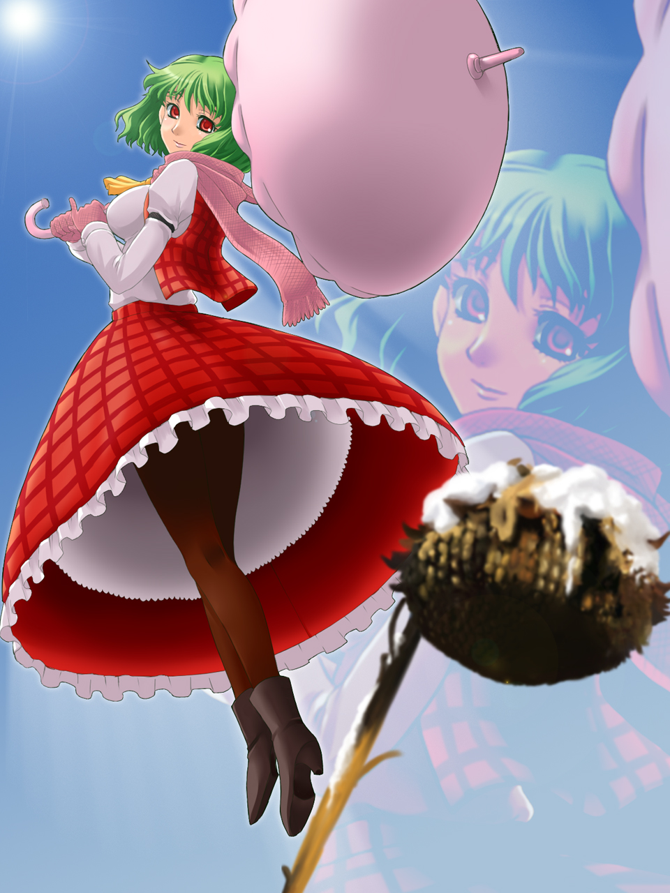 yaso shigeru, kazami yuuka, touhou, highres, 1girl, breasts, female focus, from below, gloves, gradient background, green hair, outdoors, pantyhose, parasol, red eyes, scarf, short hair, skirt, sky, solo, umbrella, zoom layer