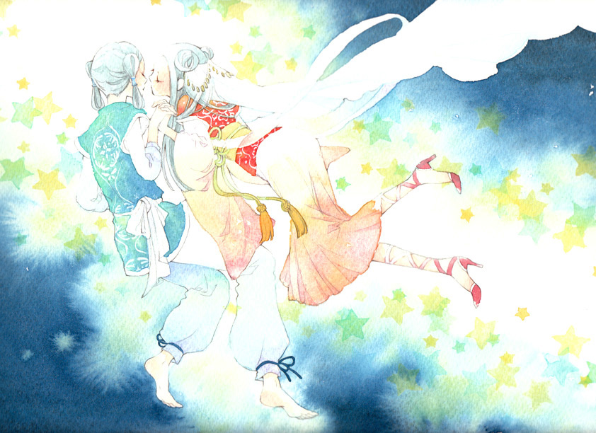 uko (artist), yufushi, hikoboshi, orihime (tanabata), original, painting (medium), traditional media, watercolor (medium), 1boy, 1girl, full body, holding hands, interlocked fingers, see-through clothes, star (symbol), tanabata