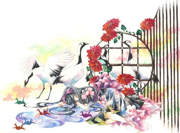 uko (artist), bird, crane (animal), flower, hair ribbon, japanese clothes, kimono, long hair, lying, ribbon