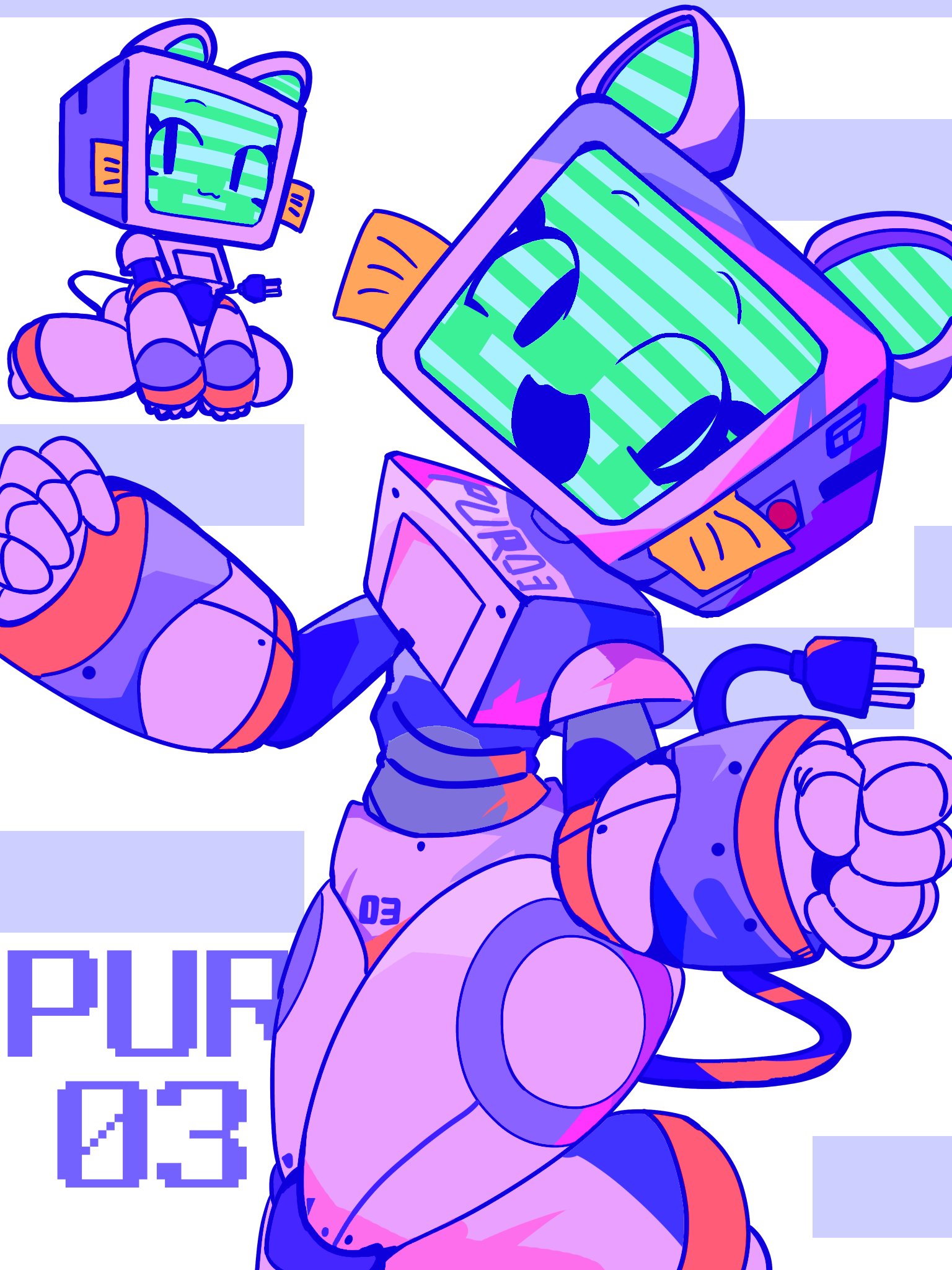 mikiwo eko53, original, commentary request, highres, 1girl, :3, :d, animal ears, borrowed character, cat ears, character name, dynamic pose, electric plug, electric plug tail, fake whiskers, joints, looking at viewer, monitor head, multiple views, open mouth, pur 03 (fuch!), robot girl, robot joints, scanlines, simple background, smile, sticky note, tail, white background