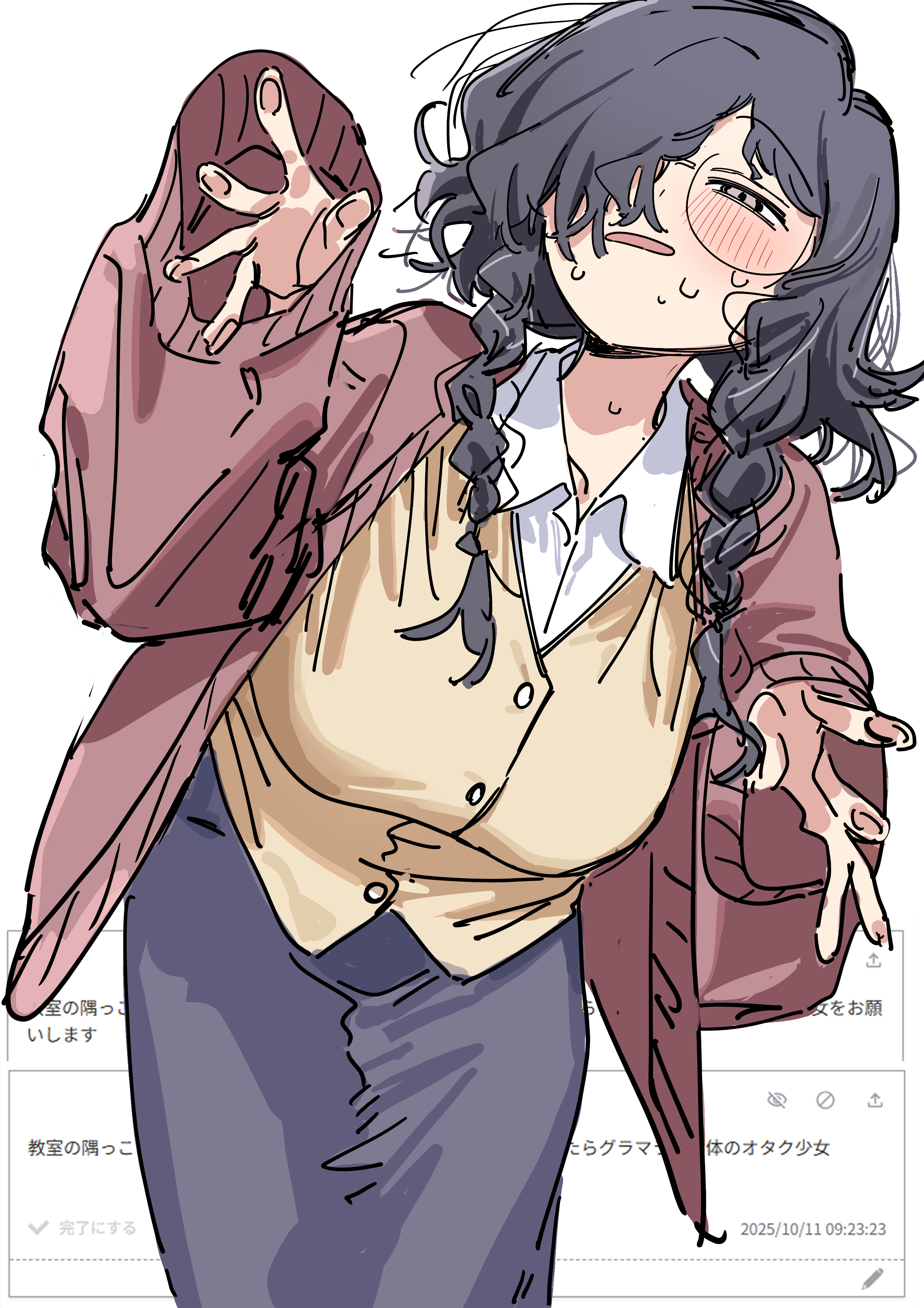 haruyuki (gffewuoutgblubh), puniru wa kawaii slime, absurdres, highres, 1girl, black hair, braid, breasts, cardigan, hair over one eye, jimiko, large breasts, mojyo, otaku girl (puniru wa kawaii slime), round eyewear, simple background, sketch, sweat, twin braids, white background