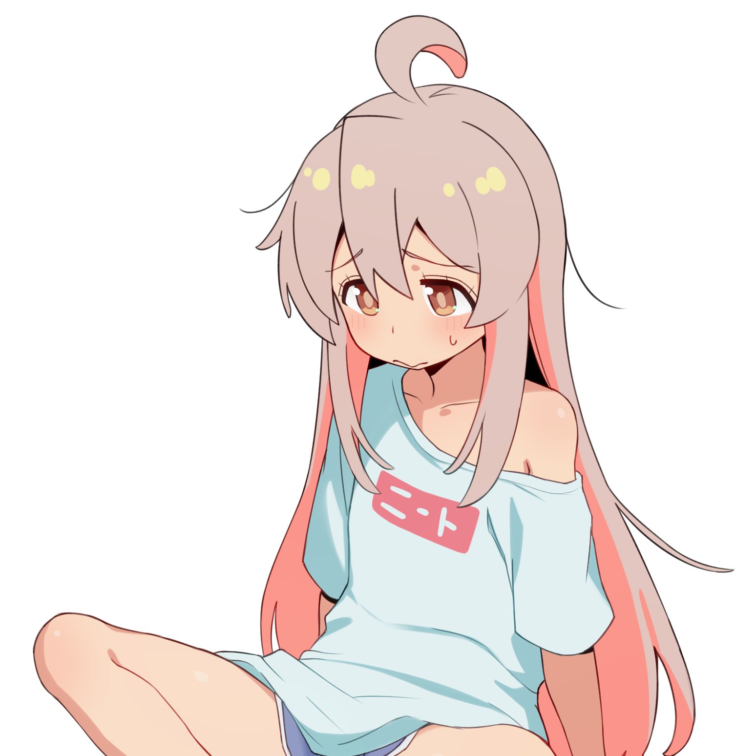 mikoscrub, oyama mahiro, onii-chan wa oshimai!, commentary, highres, symbol-only commentary, 1girl, :>, ahoge, brown eyes, collarbone, furrowed brow, long hair, off-shoulder shirt, off shoulder, pink hair, shirt, short sleeves, simple background, solo, spread legs, sweatdrop, thighs, white background