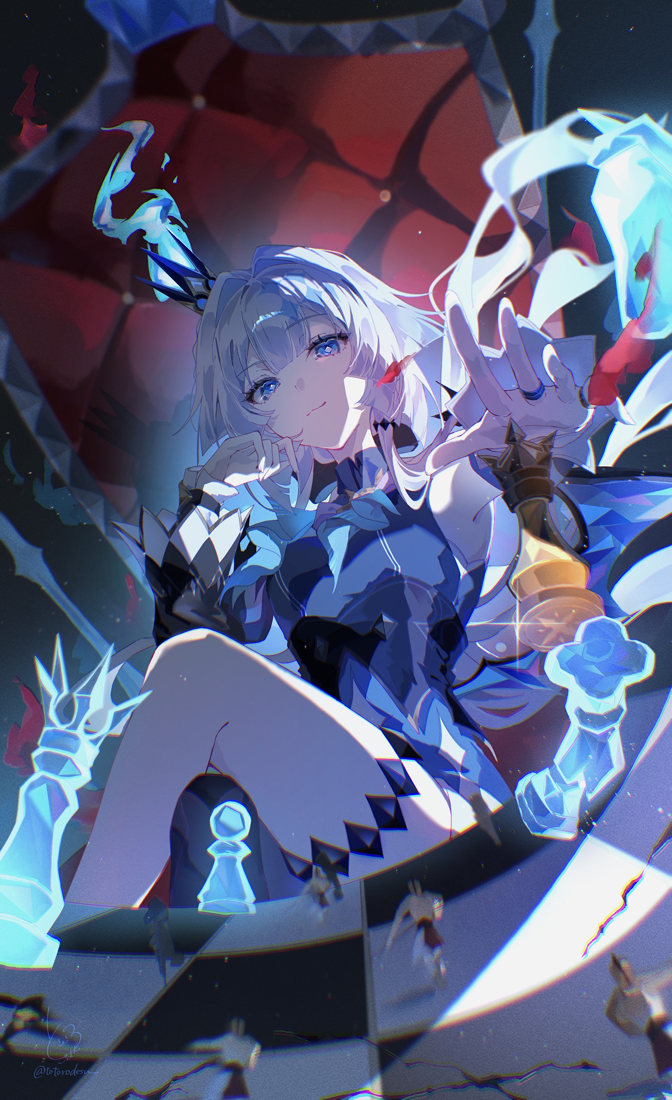 tororogohan, cerydra (honkai: star rail), honkai: star rail, honkai (series), absurdres, highres, 1girl, blue dress, blue eyes, blue fire, blue pupils, blue ribbon, chess piece, chessboard, crown, diamond-shaped pupils, diamond (shape), dress, fire, king (chess), long hair, ribbon, symbol-shaped pupils