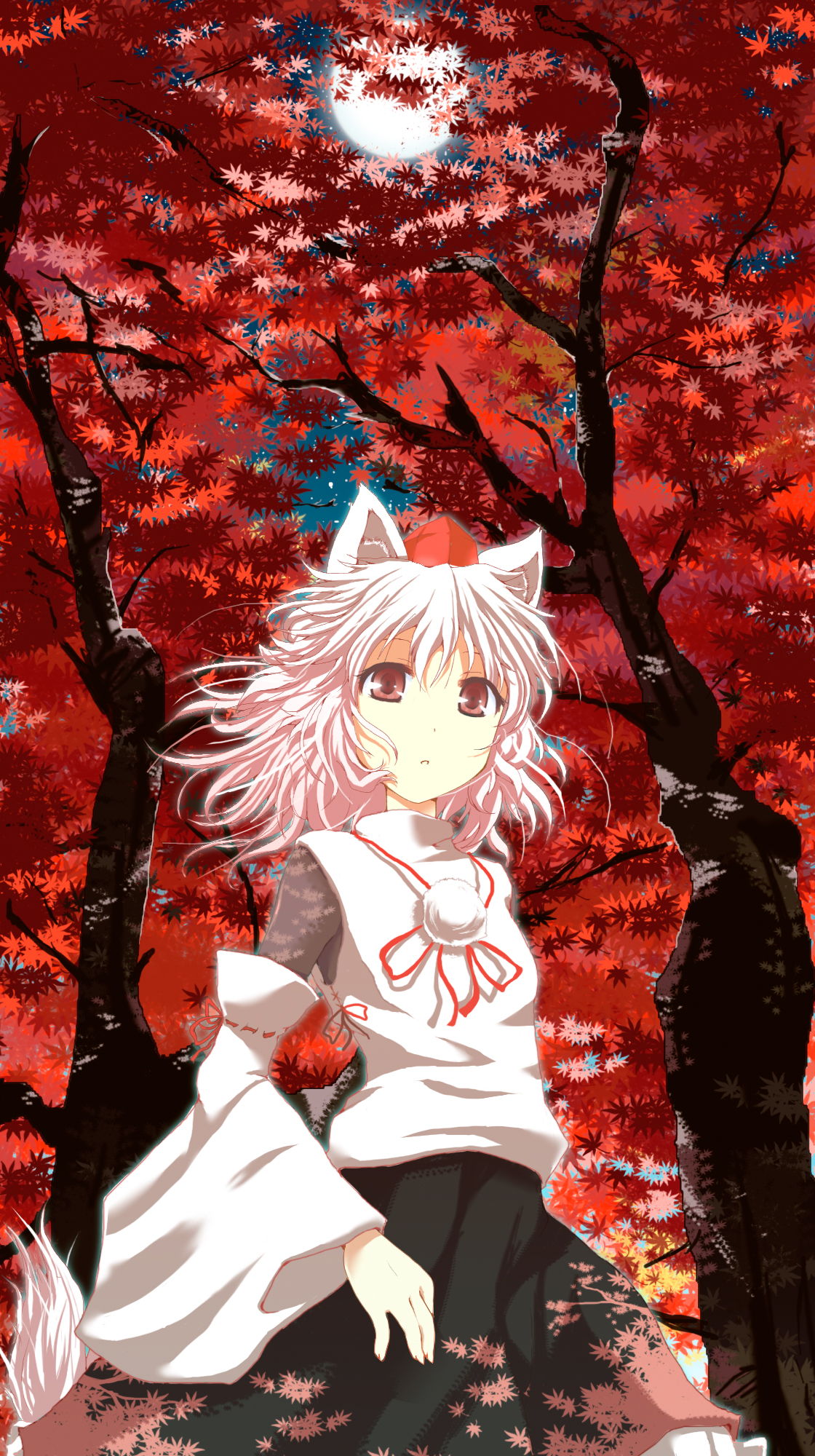 nejime, inubashiri momiji, touhou, silver hair, bad id, bad pixiv id, highres, 1girl, animal ears, detached sleeves, female focus, hat, leaf, moon, nature, night, outdoors, short hair, sky, solo, tail, tokin hat, wolf ears