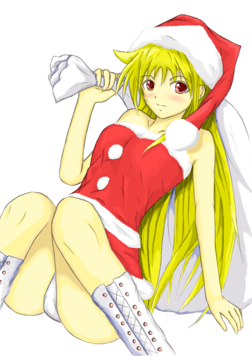 primopiatto, fate testarossa, lyrical nanoha, mahou shoujo lyrical nanoha, mahou shoujo lyrical nanoha strikers, 00s, 1girl, bag, bare shoulders, blonde hair, blush, boots, christmas, female focus, hat, long hair, miniskirt, panties, red eyes, sack, santa costume, santa hat, skirt, smile, solo, underwear