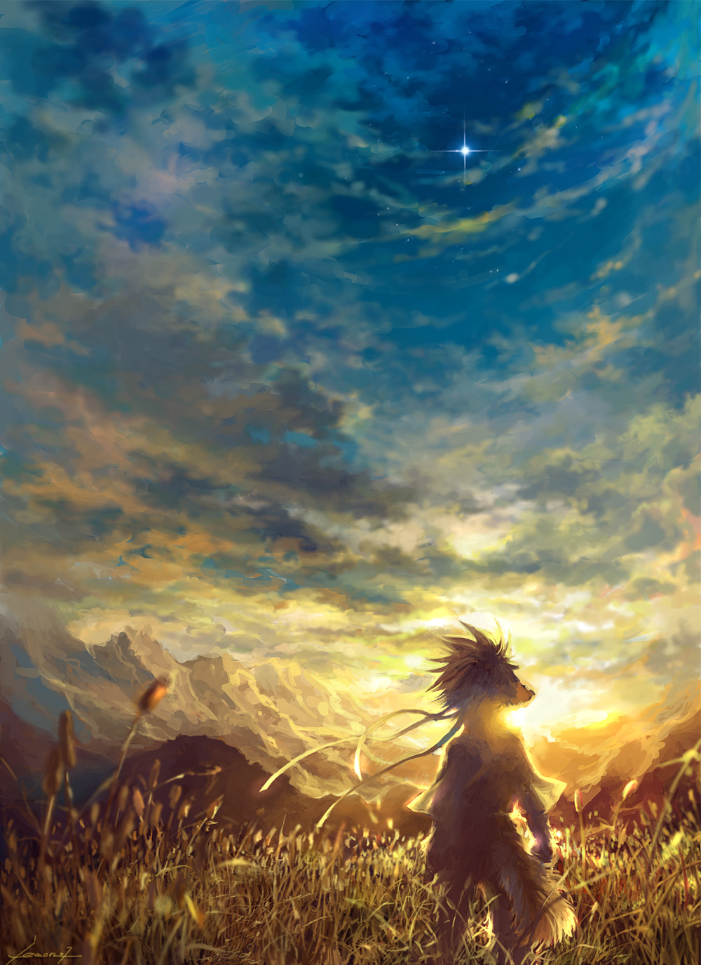 jeacn, gender request, highres, androgynous, cloud, nature, outdoors, sky, solo, star (sky), star (symbol), starry sky, sunset, tail